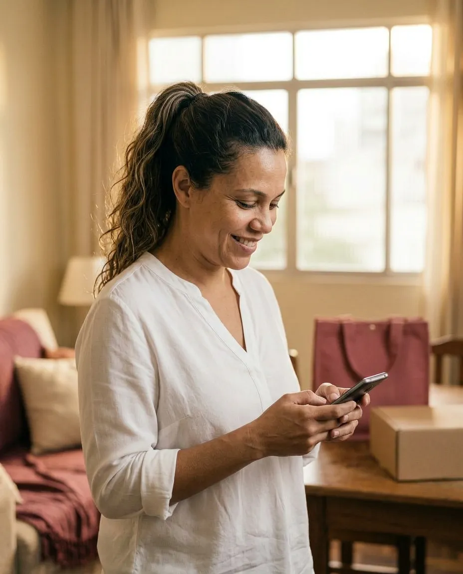 Mulher sorrindo ao celular, cuidando do próprio negócio em casa